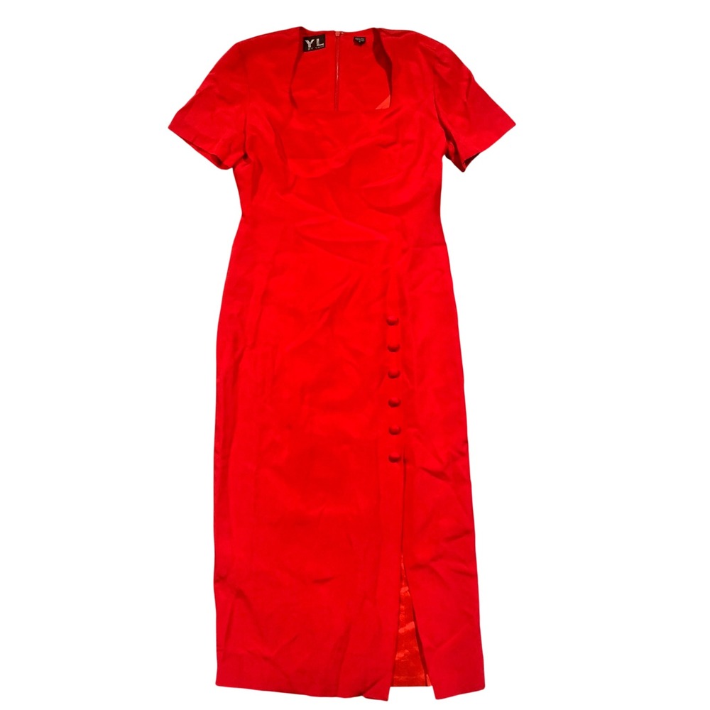 YL by Yair Red 100% Silk Square Neck Short Sleeve Midi Dress with Slit Size 8